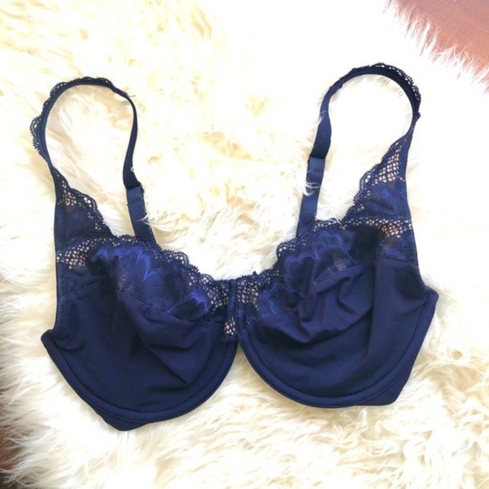 True &  Co Soft Lace Unlined Ultimate Coverage Bra deep navy gold size 3E (DD)
